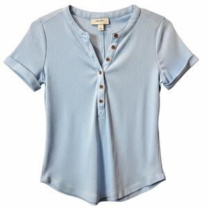 On 34th Ribbed Henley Top Small Light Blue Short Sleeve Casual Tee NWOT